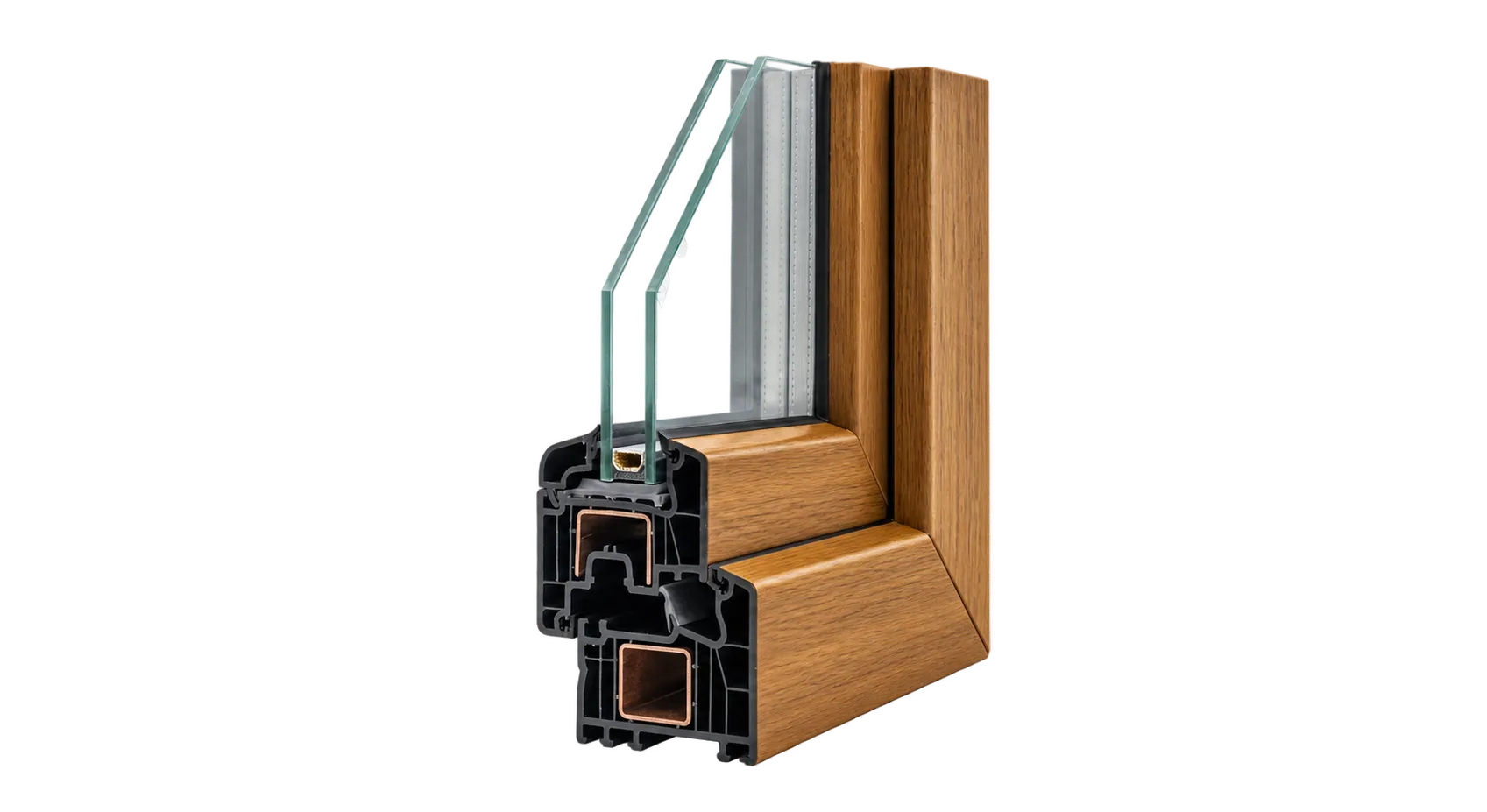 Perfil de ventana PVC con acabado madera y vidrio doble